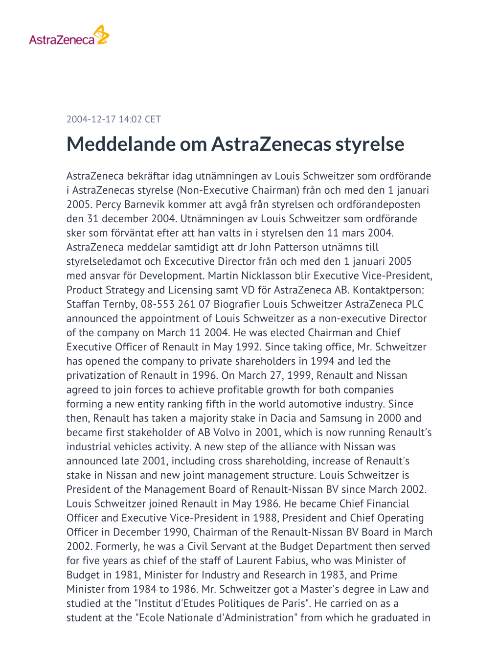 Meddelande Om Astrazenecas Styrelse