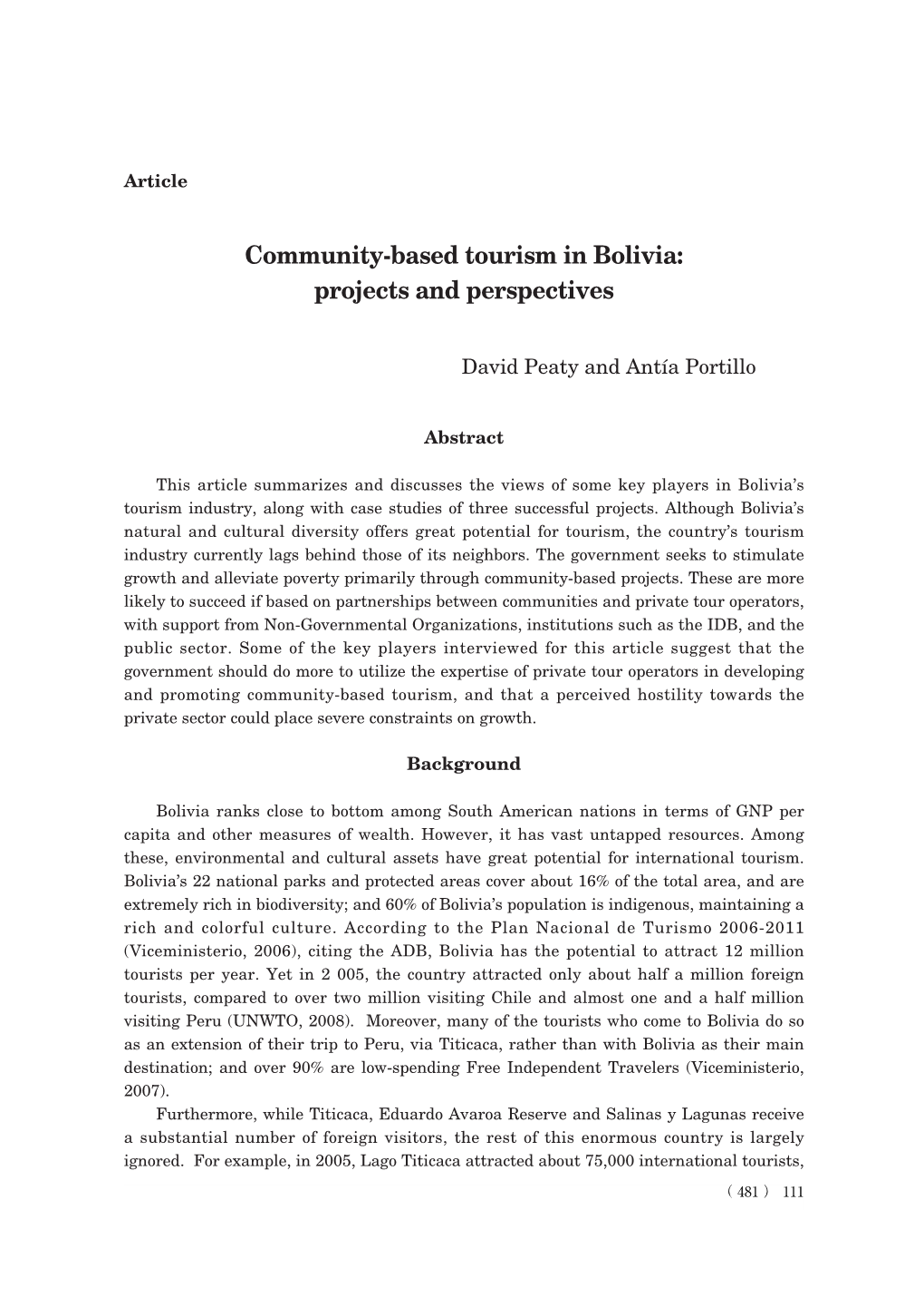 Community-Based Tourism in Bolivia: Projects and Perspectives