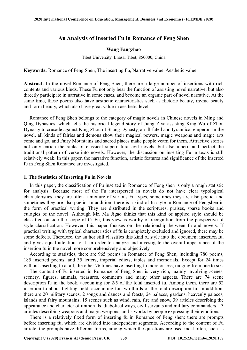 An Analysis of Inserted Fu in Romance of Feng Shen