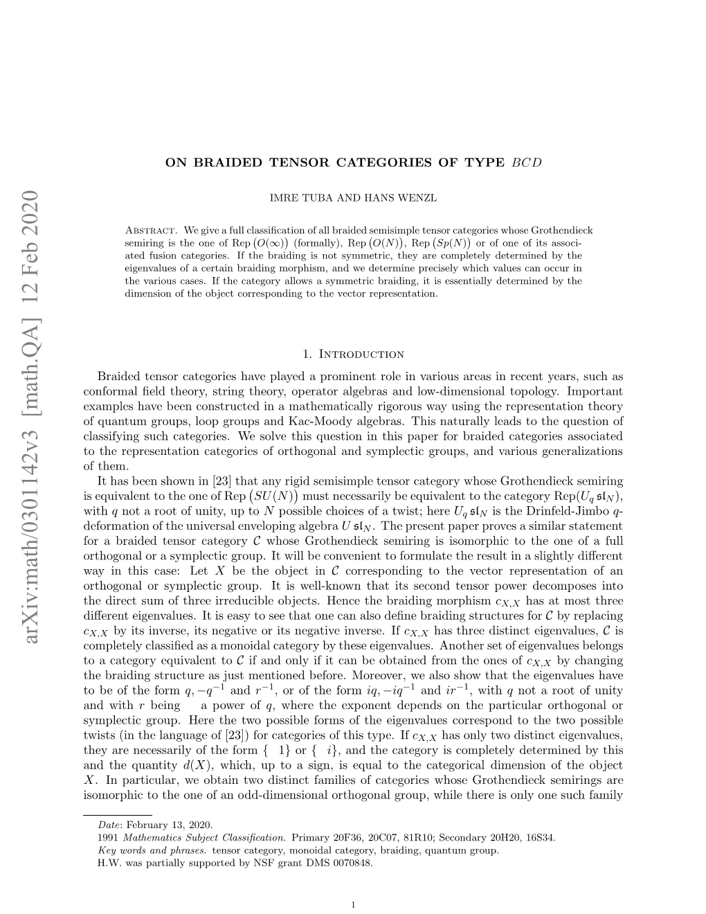 Arxiv:Math/0301142V3 [Math.QA] 12 Feb 2020 X N H Quantity the and Wss(Ntelnug F[3)Frctgre Fti Type