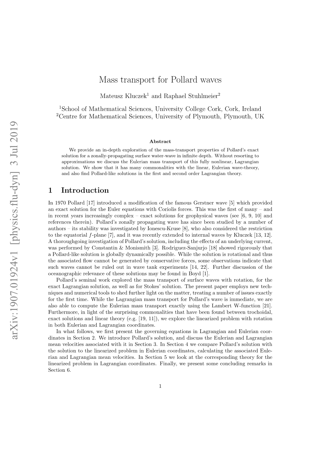 Mass Transport for Pollard Waves