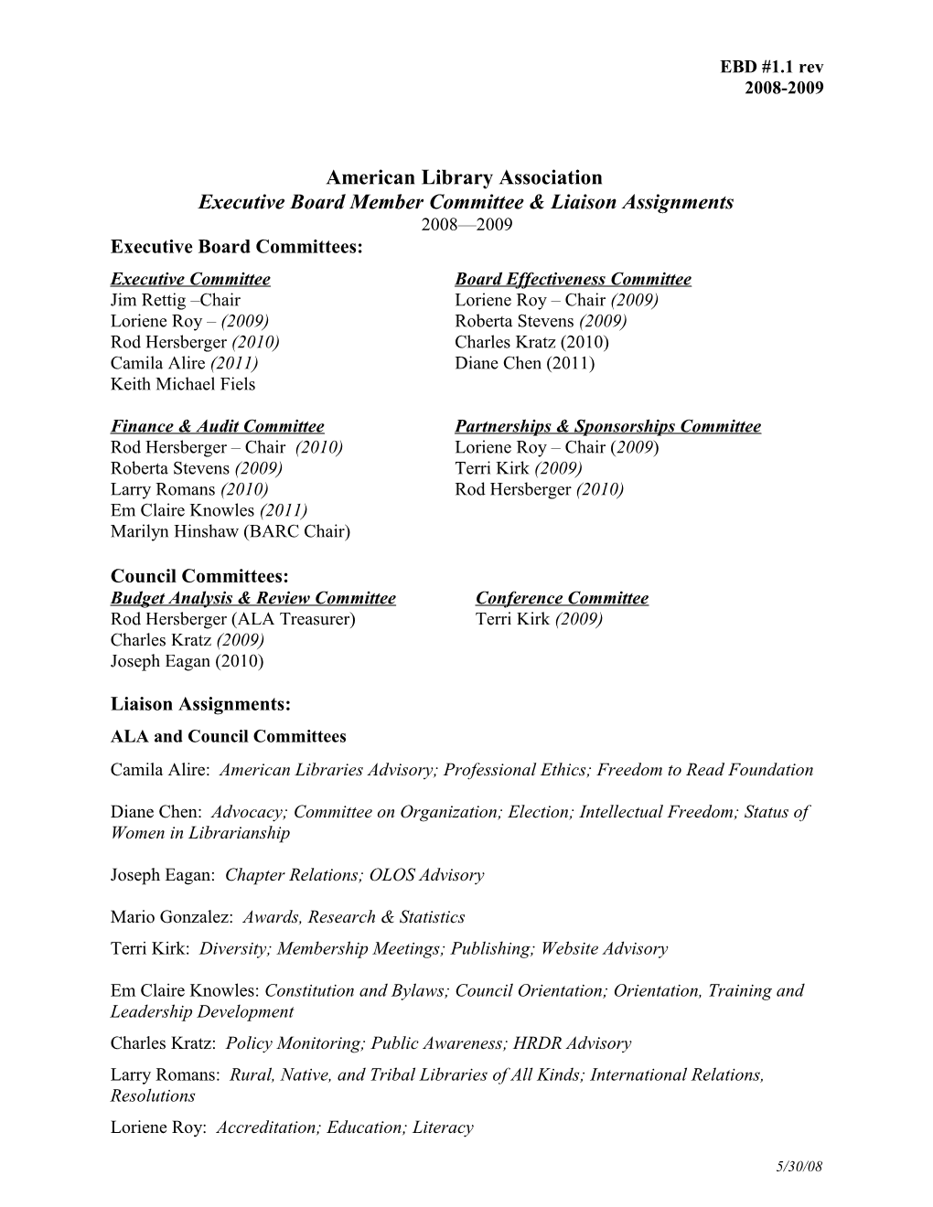 Executive Board Member Committee & Liaison Assignments