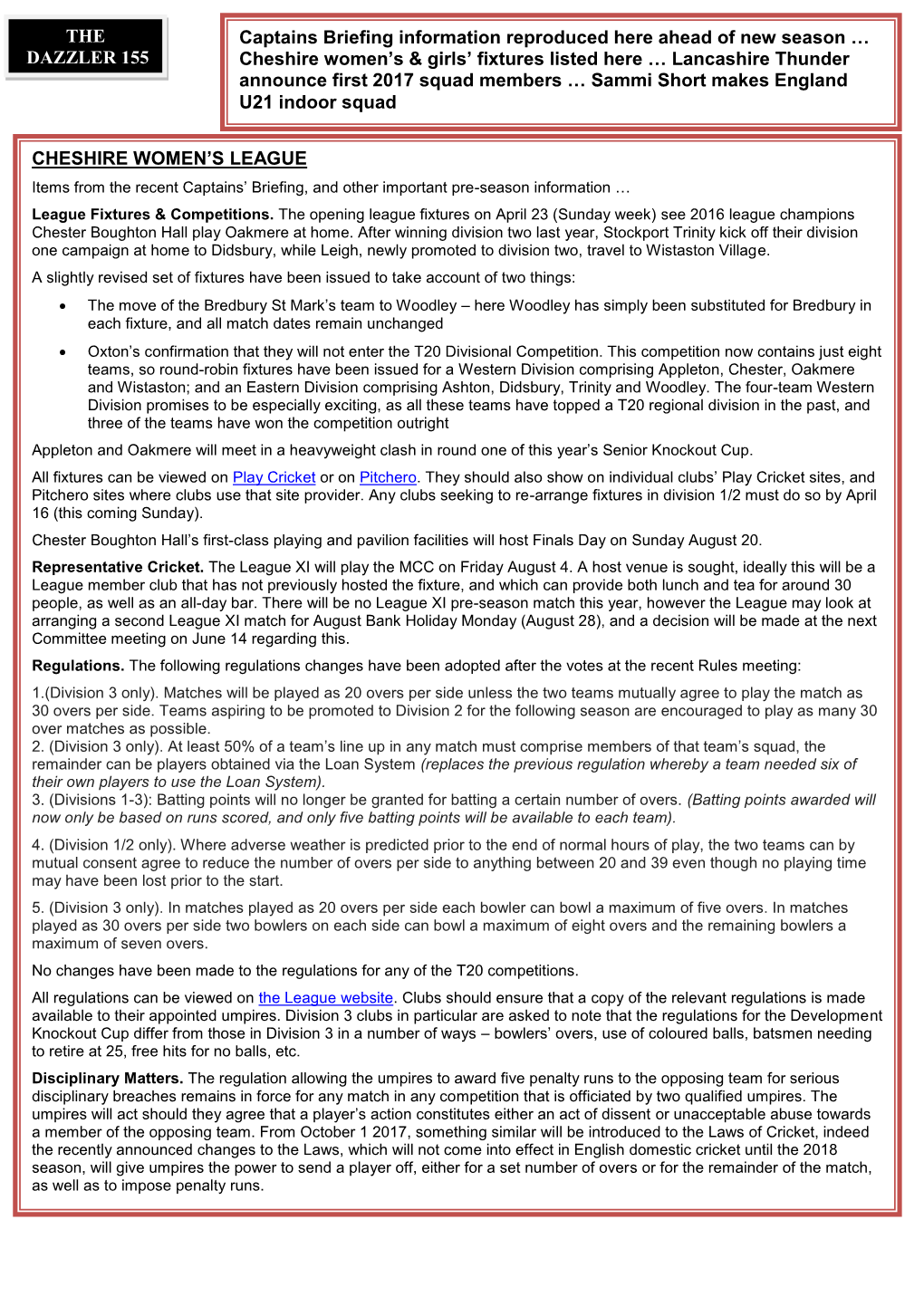 Captains Briefing Information Reproduced Here Ahead of New Season … Cheshire Women's & Girls' Fixtures Listed Here …