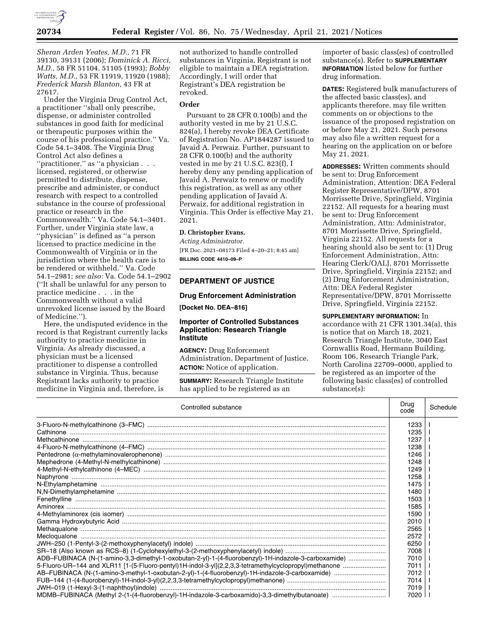 Federal Register/Vol. 86, No. 75/Wednesday, April 21, 2021