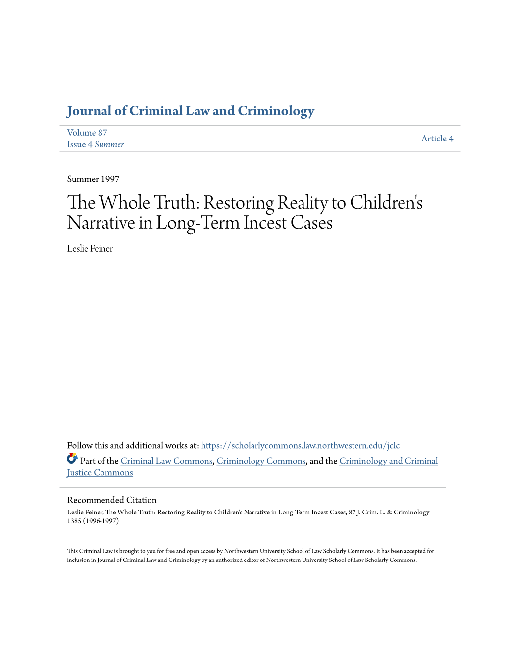 Restoring Reality to Children's Narrative in Long-Term Incest Cases Leslie Feiner