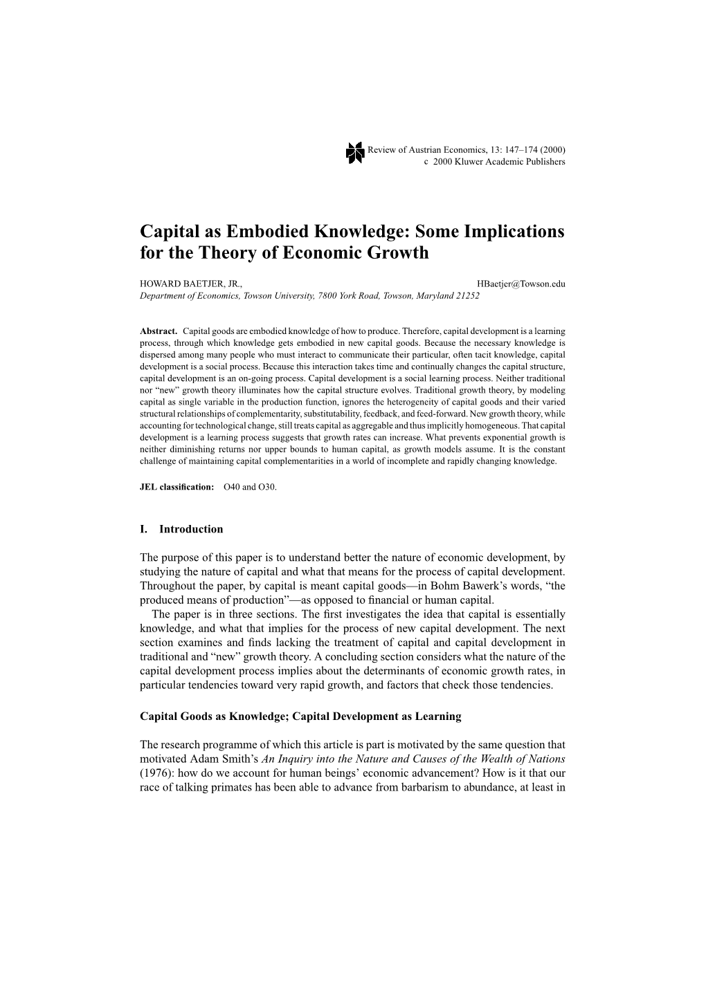 Capital As Embodied Knowledge: Some Implications for the Theory of Economic Growth