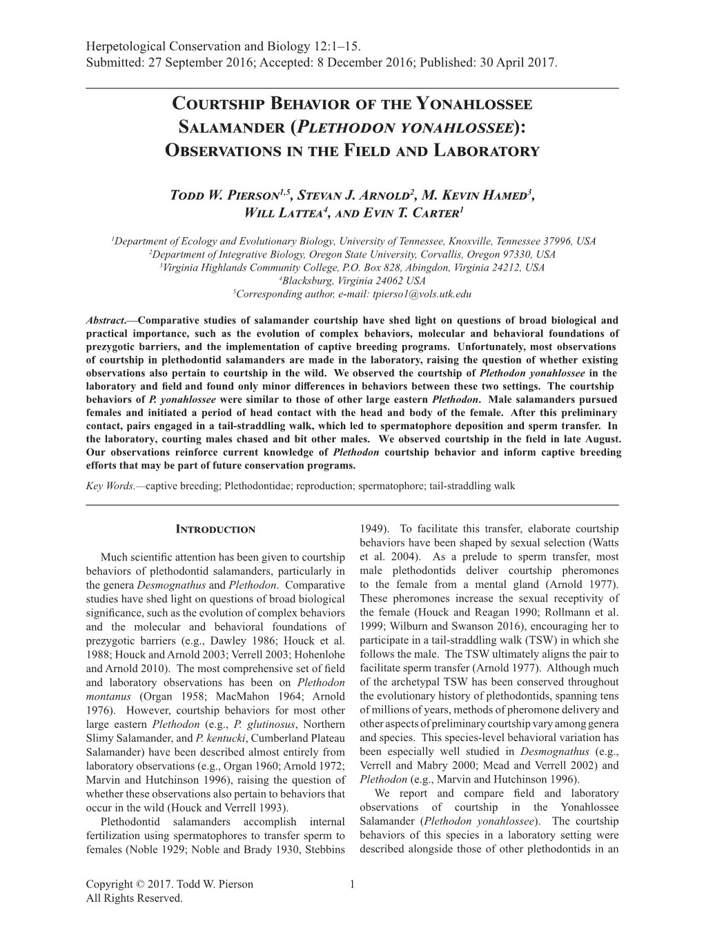 Plethodon Yonahlossee): Observations in the Field and Laboratory