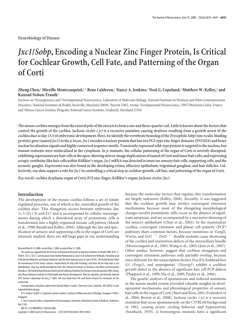 Jxc1/Sobp, Encoding a Nuclear Zinc Finger Protein, Is Critical for Cochlear Growth, Cell Fate, and Patterning of the Organ of Corti