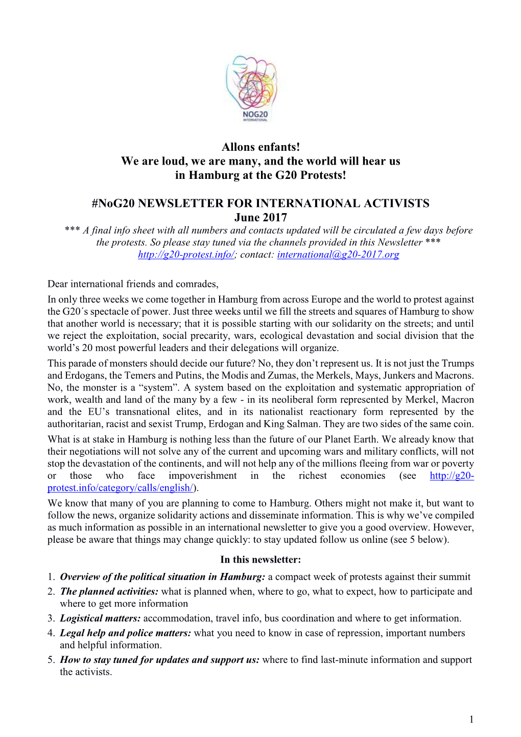 Allons Enfants! We Are Loud, We Are Many, and the World Will Hear Us in Hamburg at the G20 Protests! #Nog20 NEWSLETTER for INTE