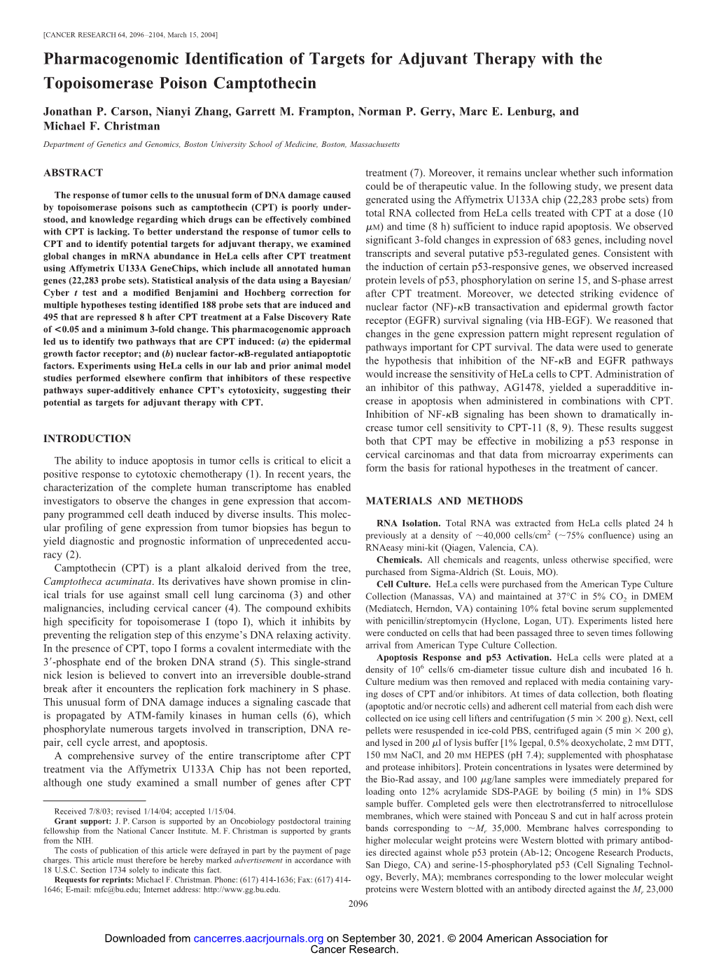 Pharmacogenomic Identification of Targets for Adjuvant Therapy with the Topoisomerase Poison Camptothecin