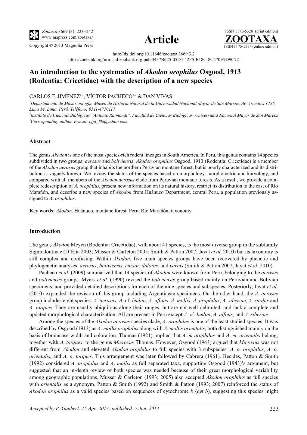 An Introduction to the Systematics of Akodon Orophilus Osgood, 1913 (Rodentia: Cricetidae) with the Description of a New Species