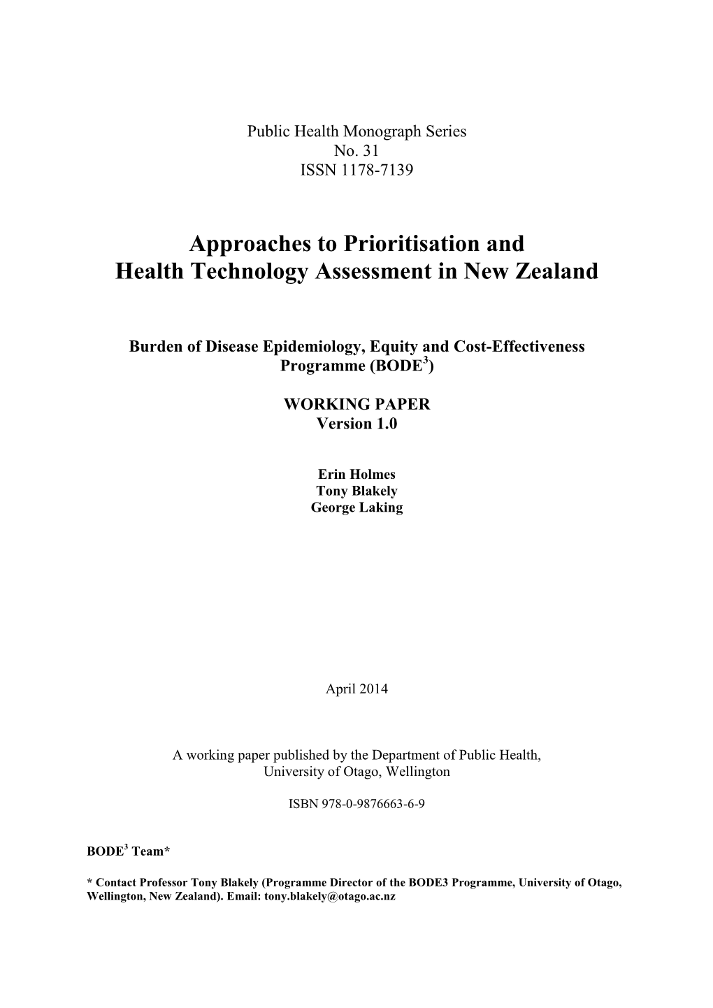 Approaches to Prioritisation and Health Technology Assessment in New Zealand