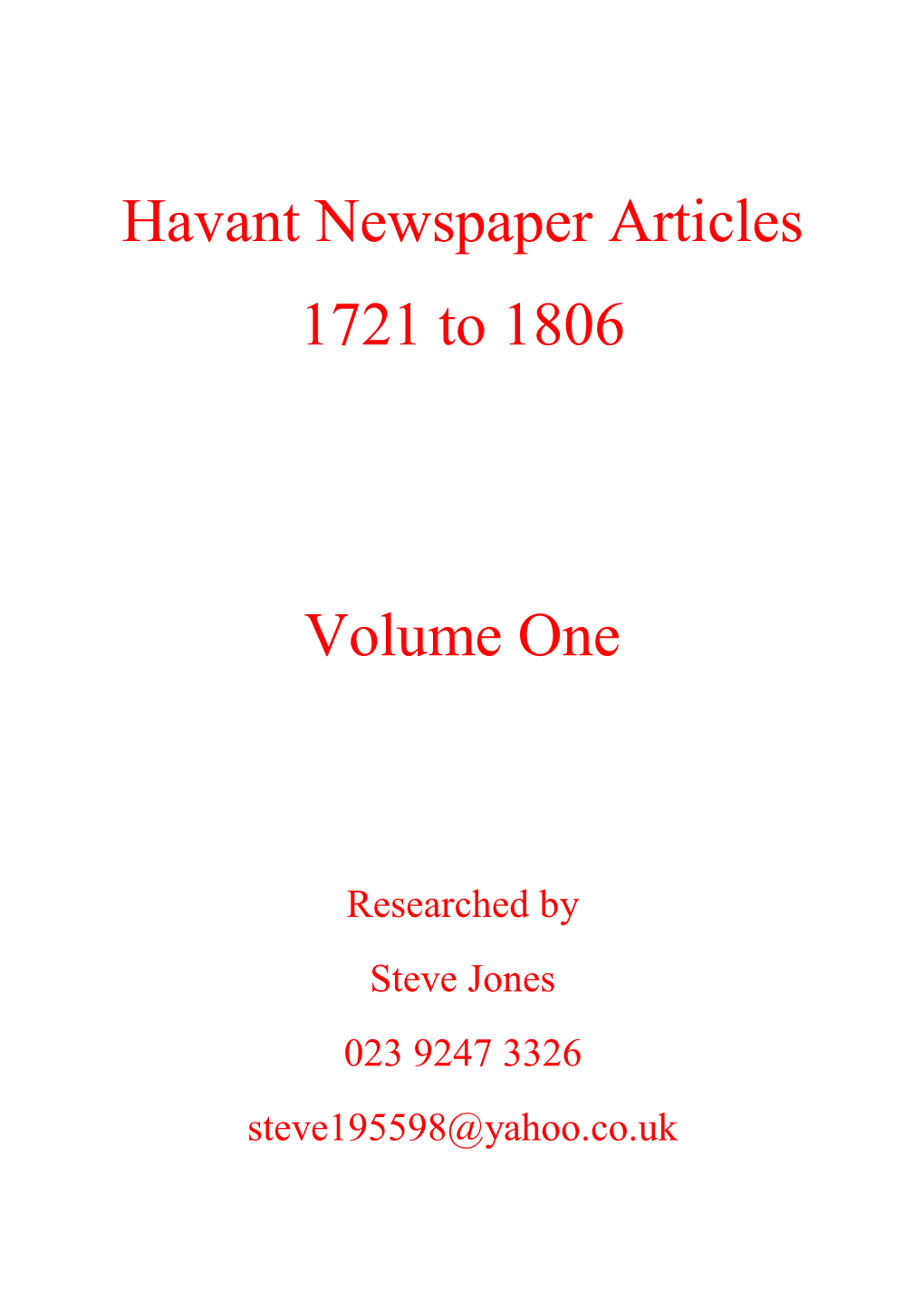 Havant Newspaper Articles, 1721 to 1806