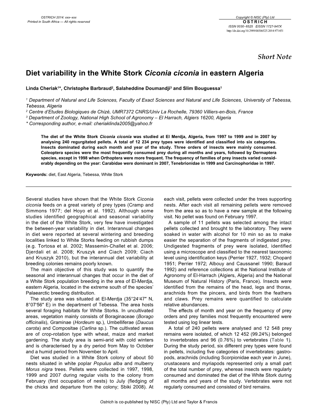 Diet Variability in the White Stork Ciconia Ciconia in Eastern Algeria