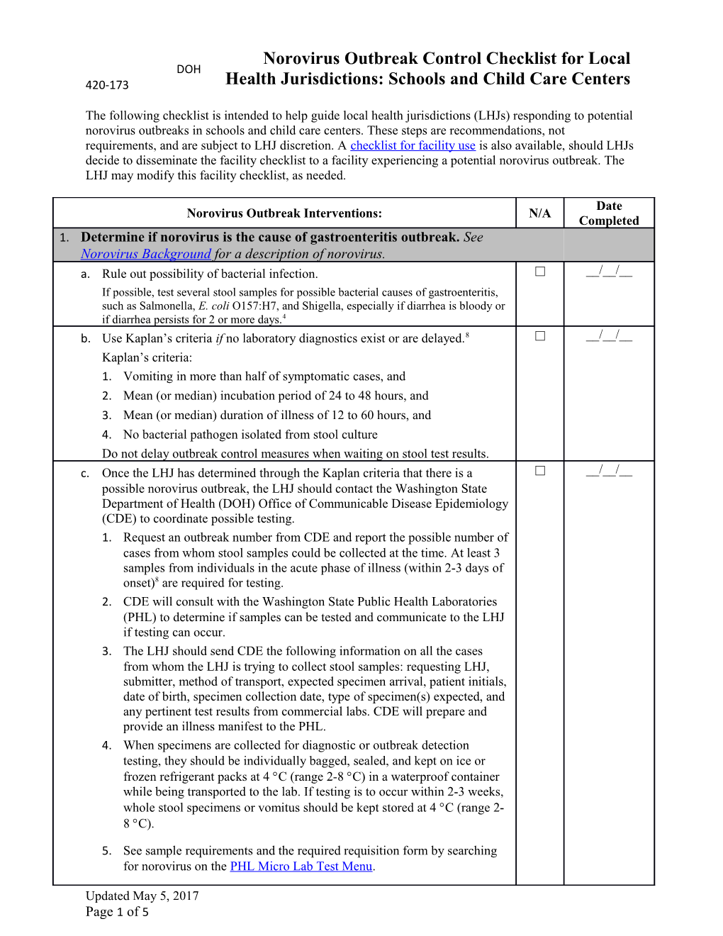 Norovirus Outbreak Control Checklist for Local Health Jurisdiction: Schools and Child Care