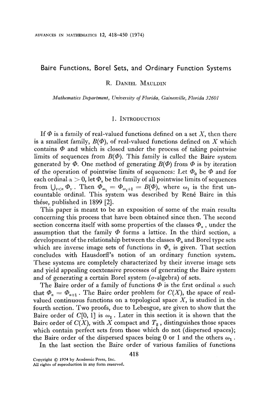 Baire Functions, Borel Sets, and Ordinary Function Systems