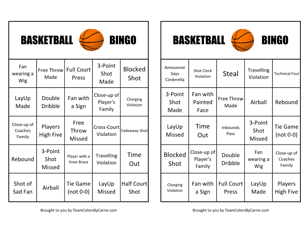 Printable Basketball Bingo Cards