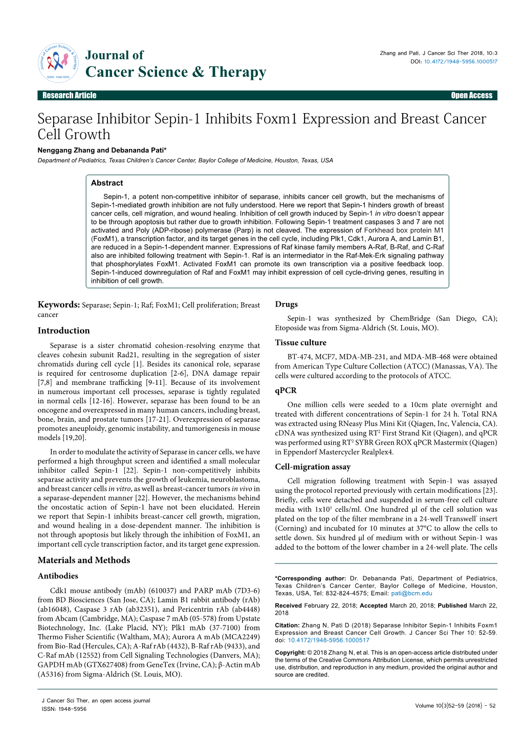 Separase Inhibitor Sepin-1 Inhibits Foxm1 Expression and Breast