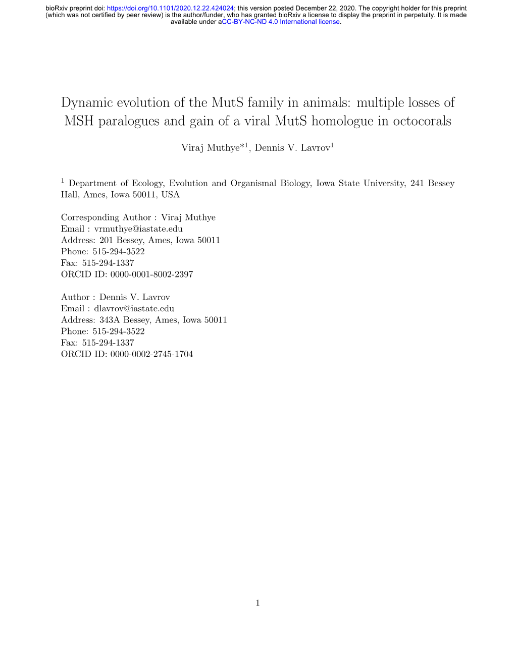 Dynamic Evolution of the Muts Family in Animals: Multiple Losses of MSH Paralogues and Gain of a Viral Muts Homologue in Octocorals