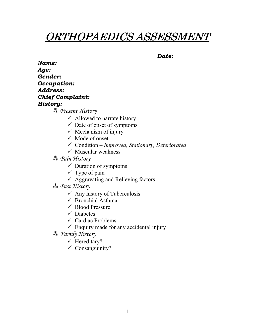 Orthopaedics Assessment