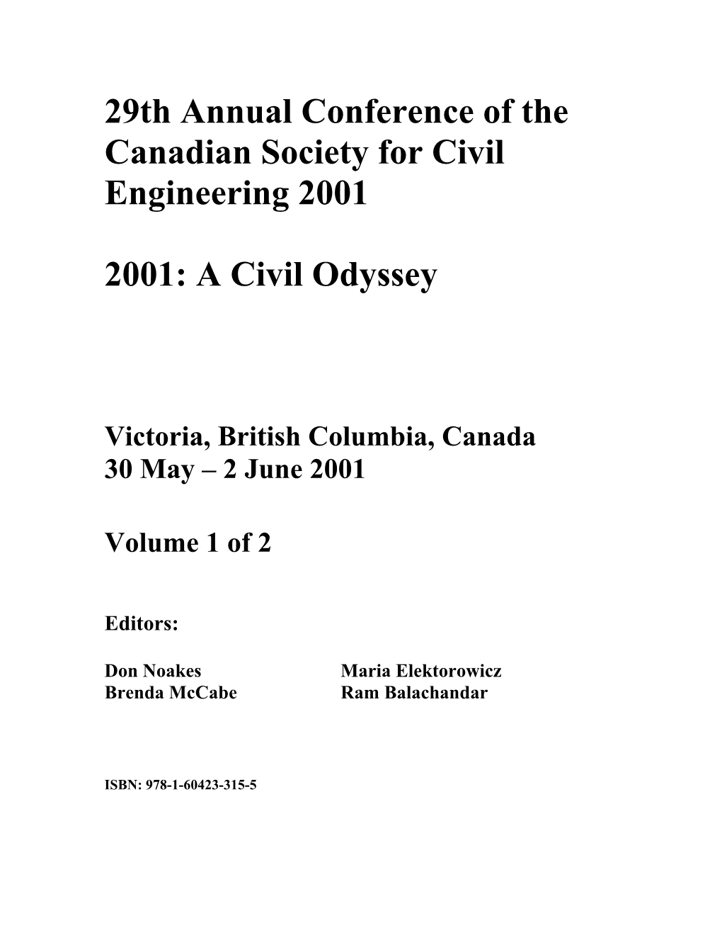 29Th Annual Conference of the Canadian Society for Civil Engineering 2001