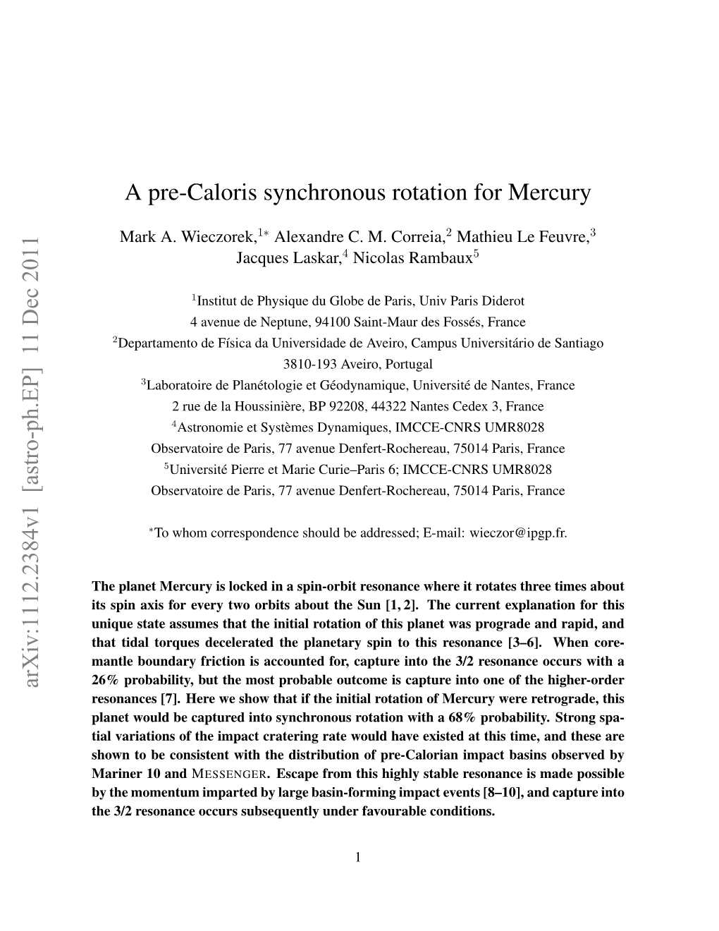 A Pre-Caloris Synchronous Rotation for Mercury Arxiv:1112.2384V1 [Astro