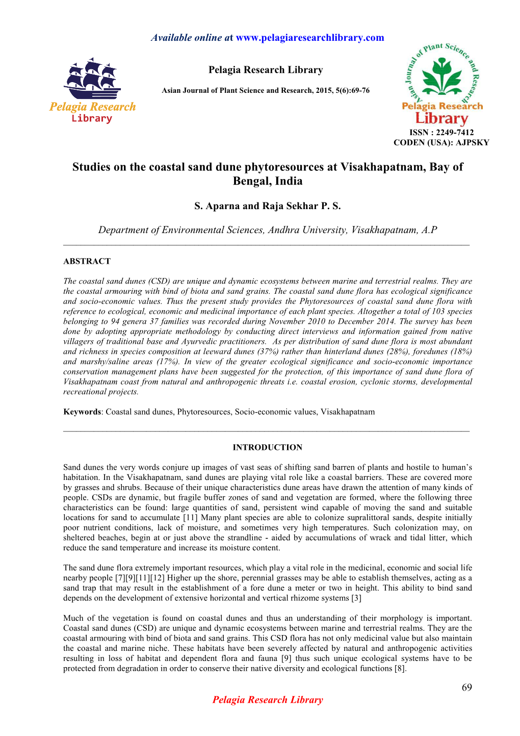 Studies on the Coastal Sand Dune Phytoresources at Visakhapatnam, Bay of Bengal, India