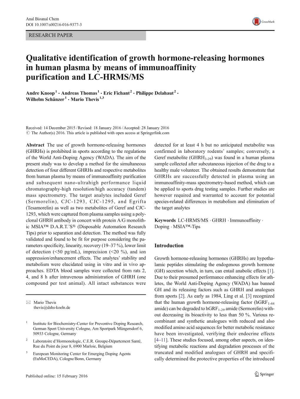 Qualitative Identification of Growth Hormone-Releasing Hormones in Human Plasma by Means of Immunoaffinity Purification and LC-HRMS/MS