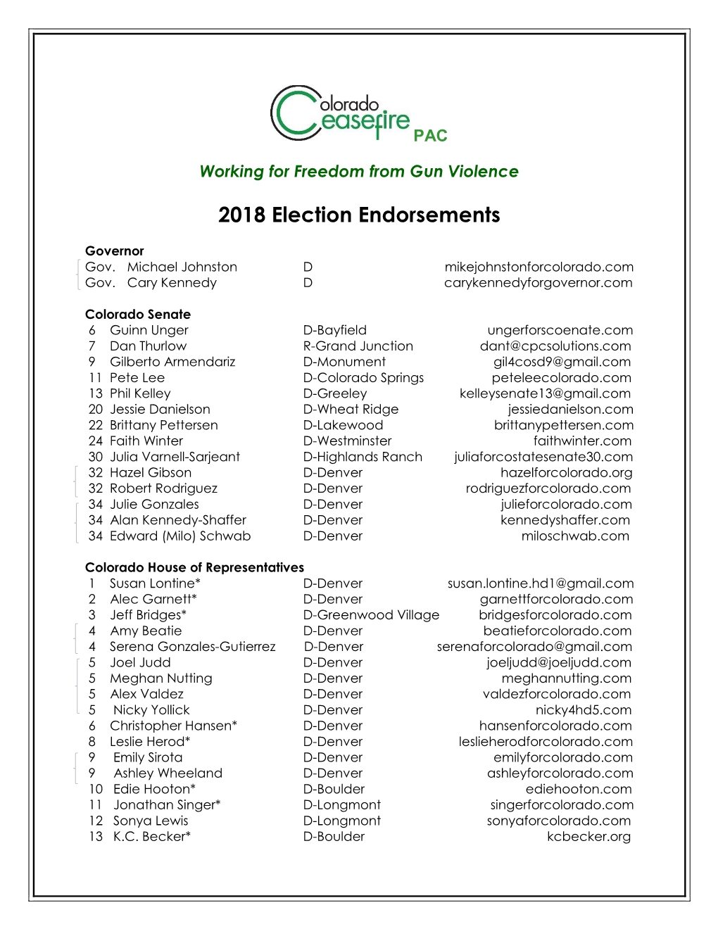 2018 Election Endorsements