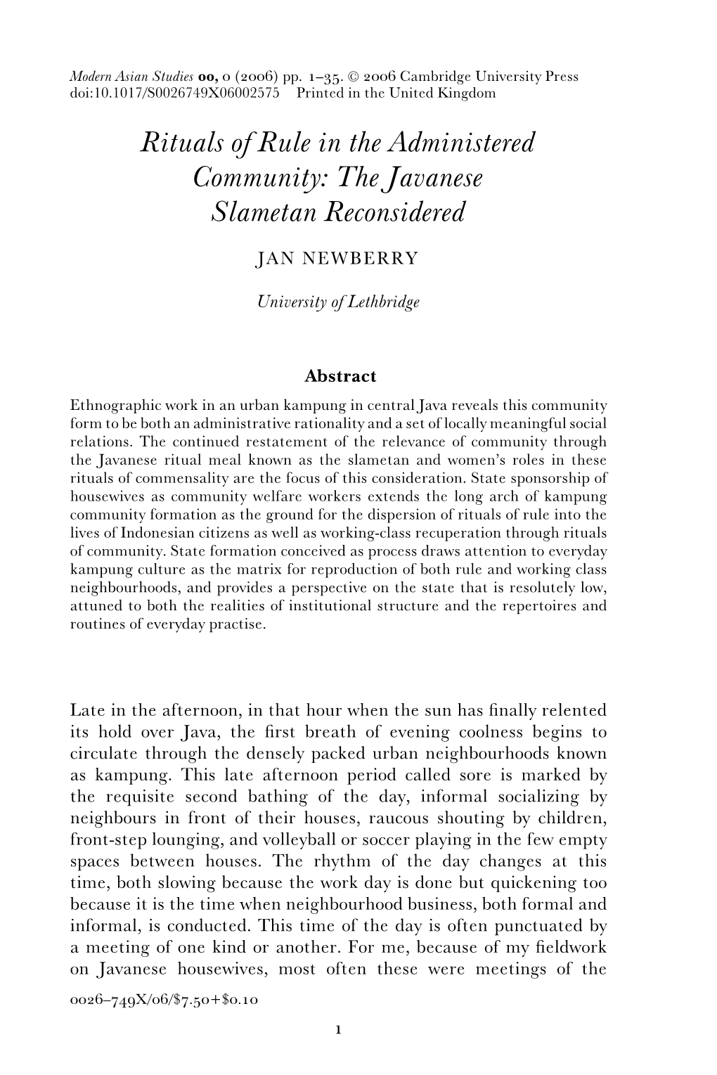 Rituals of Rule in the Administered Community: the Javanese Slametan Reconsidered