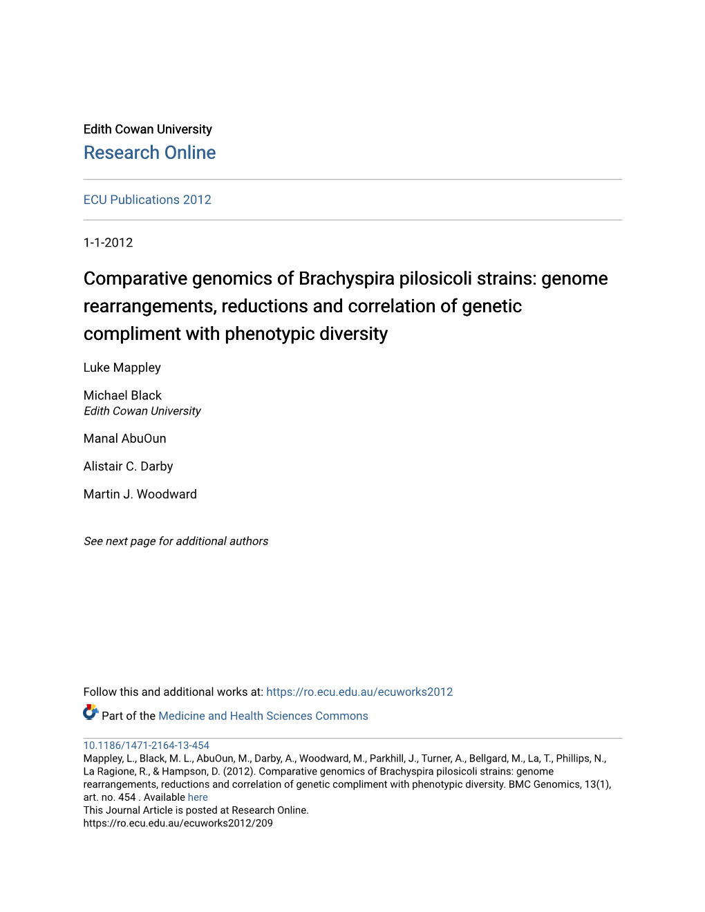 Comparative Genomics of Brachyspira Pilosicoli Strains: Genome Rearrangements, Reductions and Correlation of Genetic Compliment with Phenotypic Diversity