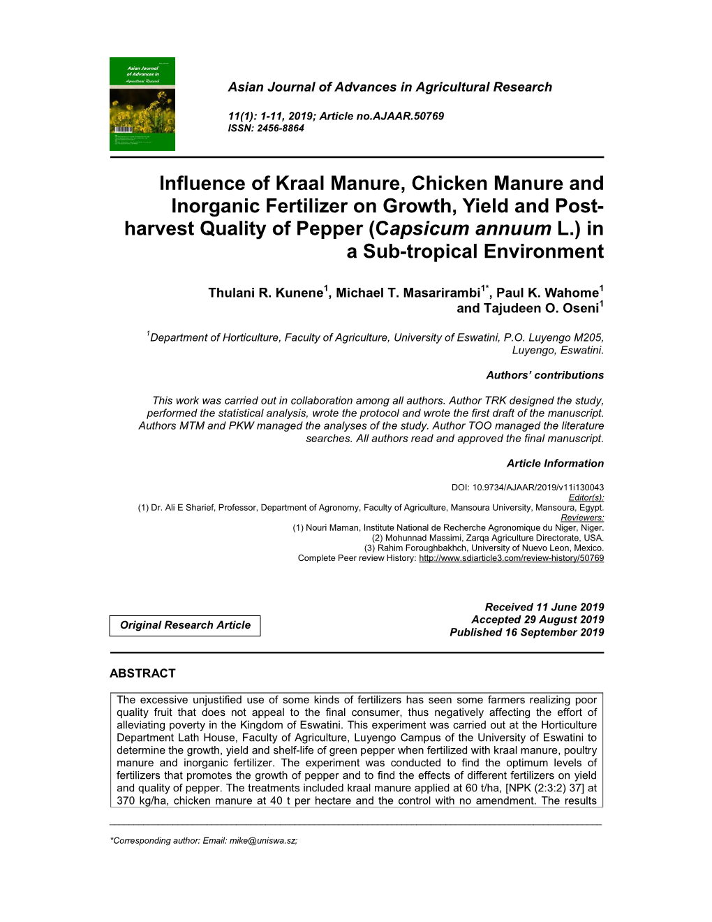 Influence of Kraal Manure, Chicken Manure and Inorganic Fertilizer On