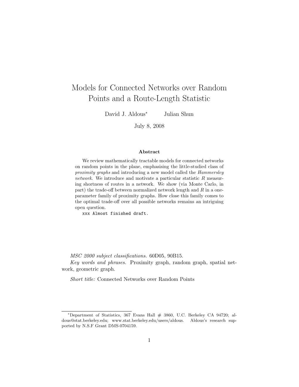 Models for Connected Networks Over Random Points and a Route-Length Statistic