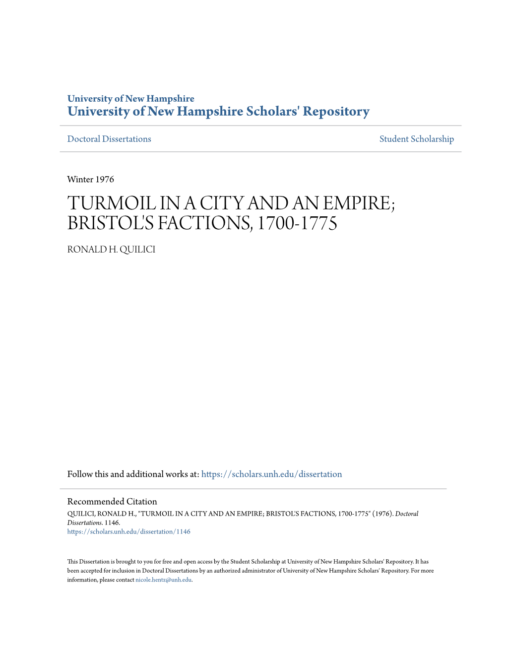 Bristol's Factions, 1700-1775 Ronald H