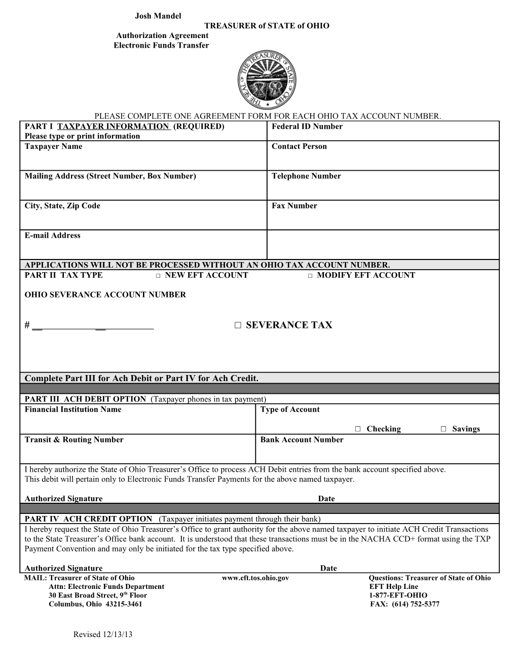 Please Complete One Agreement Form for Each Ohio Tax Account Number