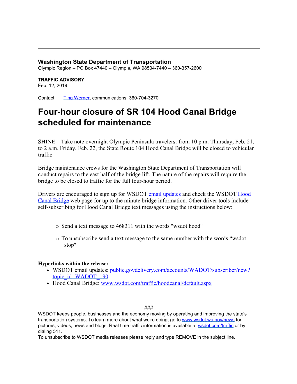 Four-Hour Closure of SR 104 Hood Canal Bridge Scheduled for Maintenance