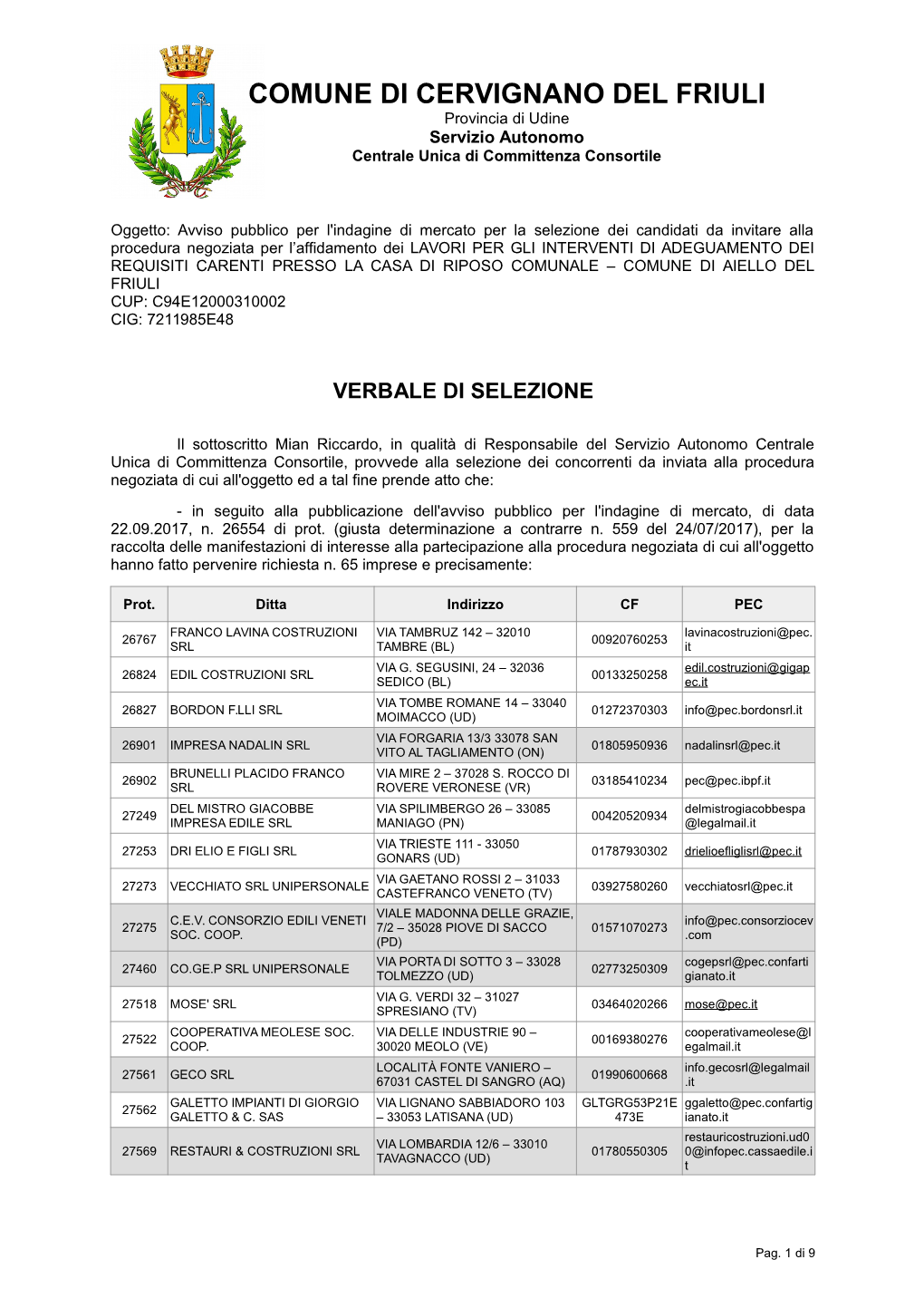 COMUNE DI CERVIGNANO DEL FRIULI Provincia Di Udine Servizio Autonomo Centrale Unica Di Committenza Consortile