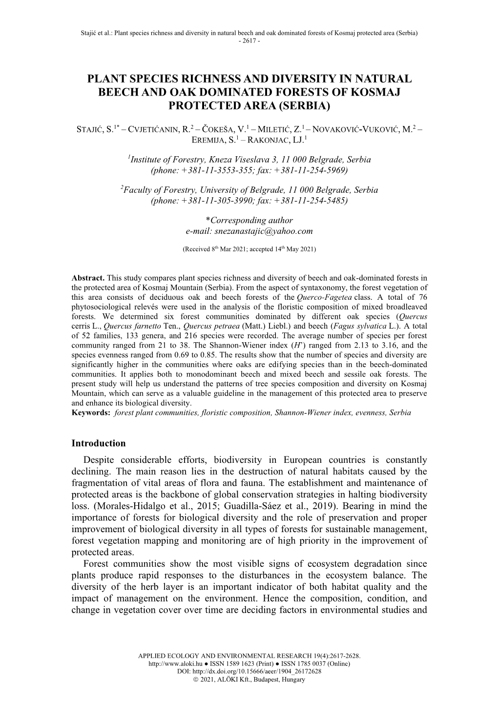 Plant Species Richness and Diversity in Natural Beech and Oak Dominated Forests of Kosmaj Protected Area (Serbia) - 2617