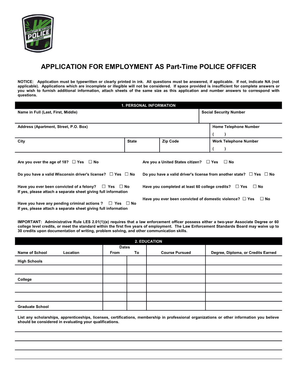 APPLICATION for EMPLOYMENT AS Part-Time POLICE OFFICER