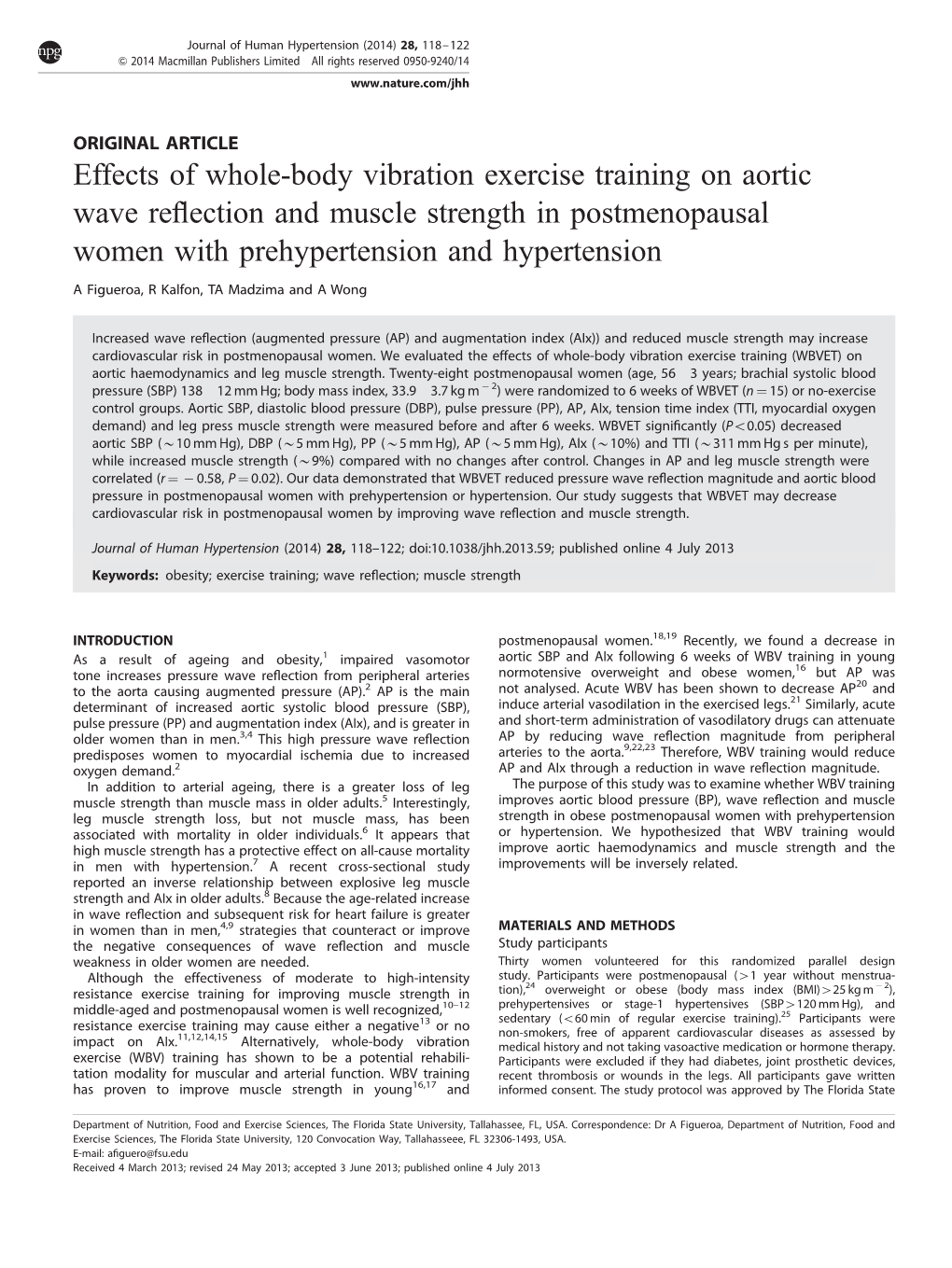 Effects of Whole-Body Vibration Exercise Training on Aortic Wave Reﬂection and Muscle Strength in Postmenopausal Women with Prehypertension and Hypertension