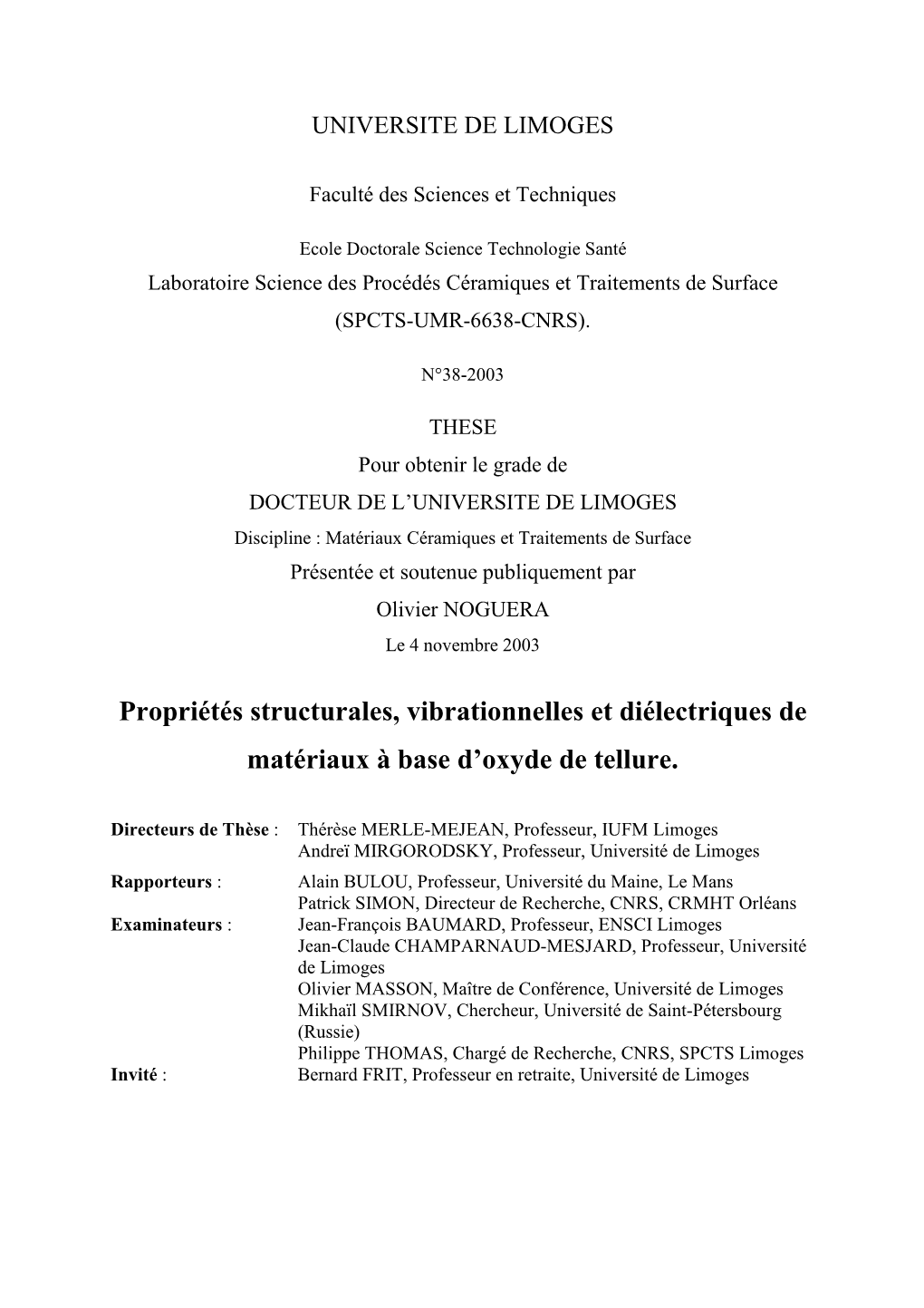 Propriétés Structurales, Vibrationnelles Et Diélectriques De Matériaux À Base D’Oxyde De Tellure