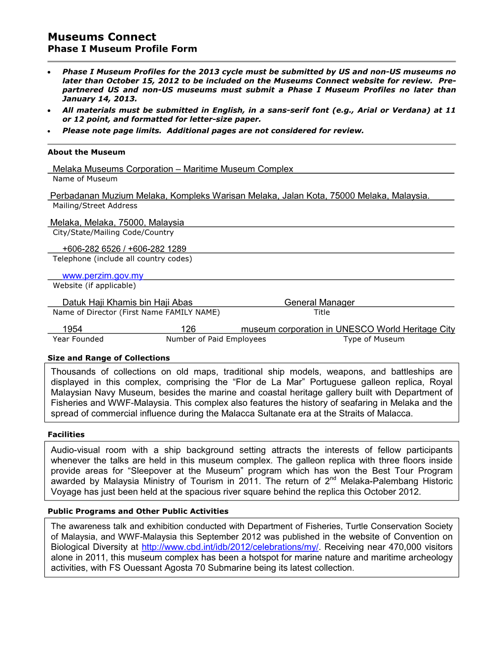 Museums Connect Phase I Museum Profile Form