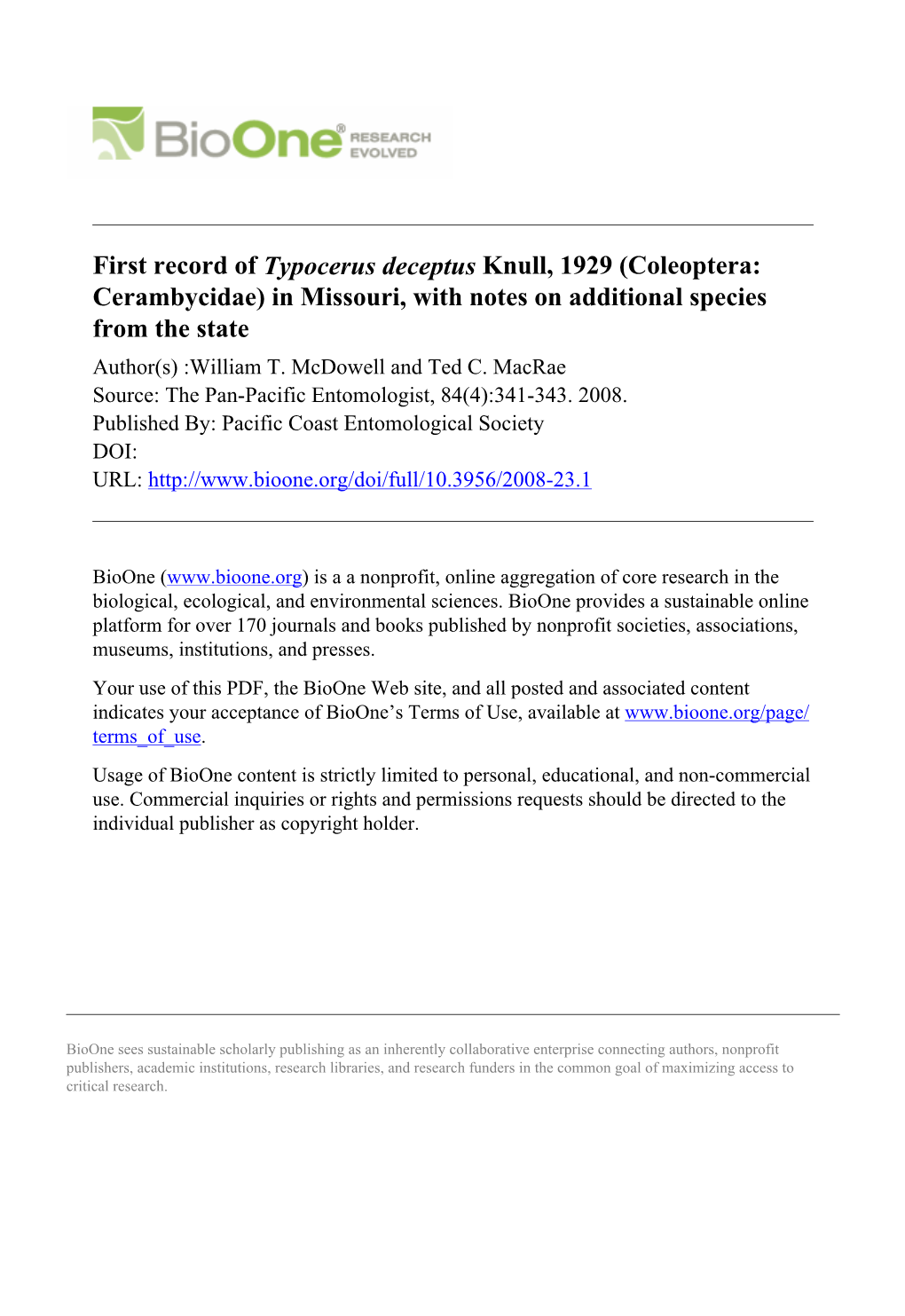 First Record of Typocerus Deceptus Knull, 1929 (Coleoptera: Cerambycidae) in Missouri, with Notes on Additional Species from the State Author(S) :William T