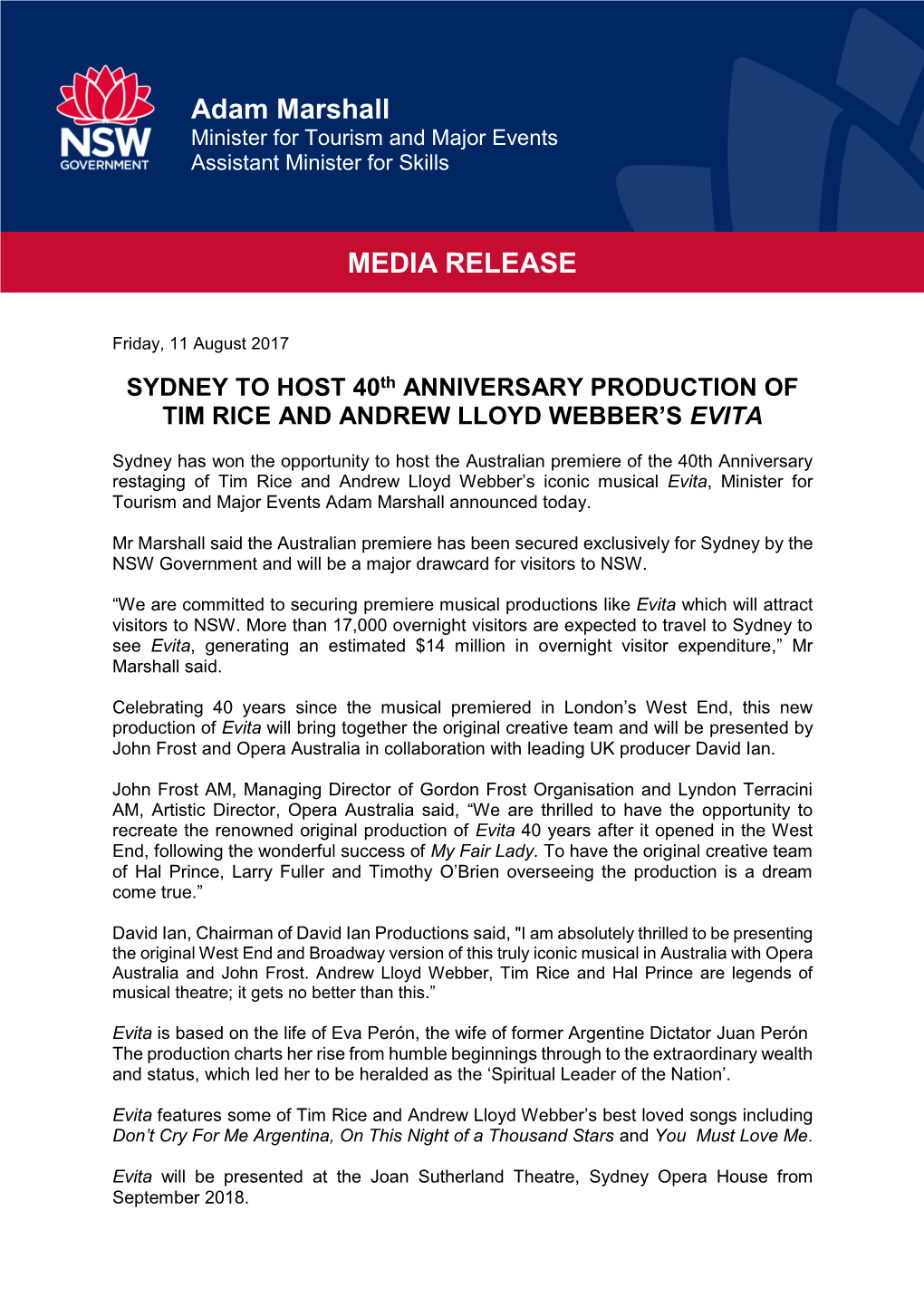 SYDNEY to HOST 40Th ANNIVERSARY PRODUCTION of TIM RICE and ANDREW LLOYD WEBBER’S EVITA