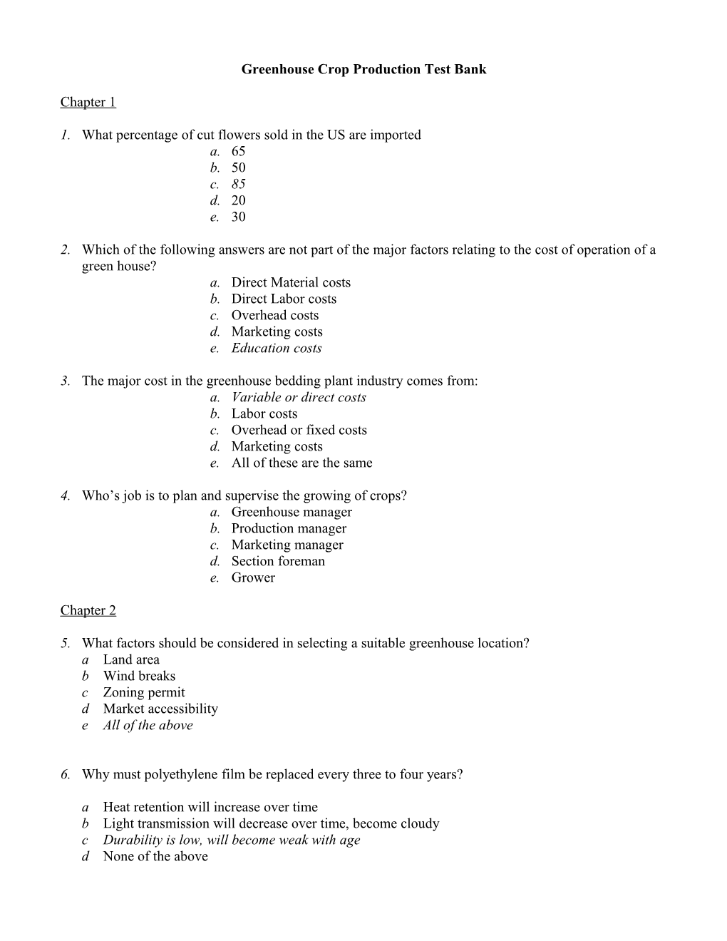 Greenhouse Crop Production Test Bank