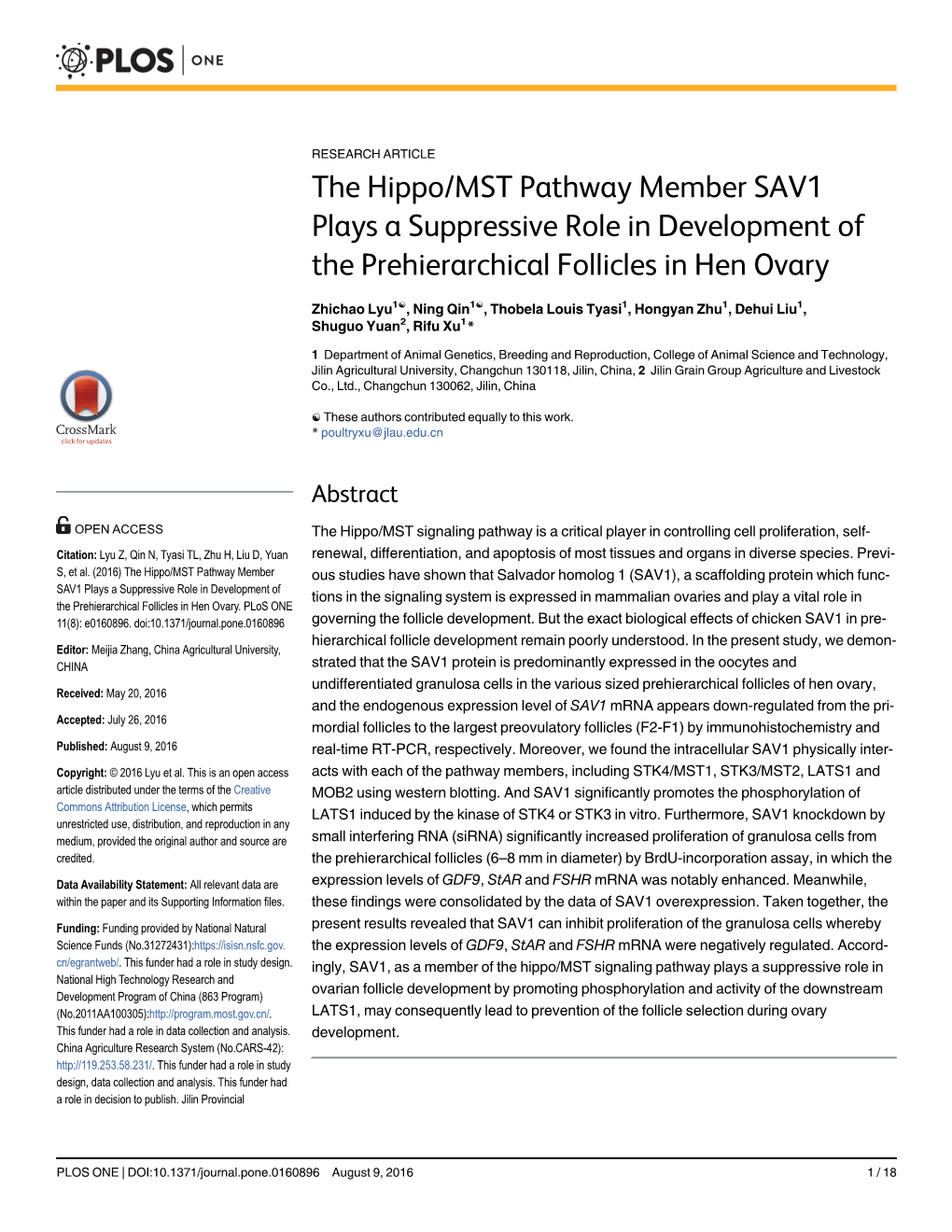 The Hippo/MST Pathway Member SAV1 Plays a Suppressive Role in Development of the Prehierarchical Follicles in Hen Ovary