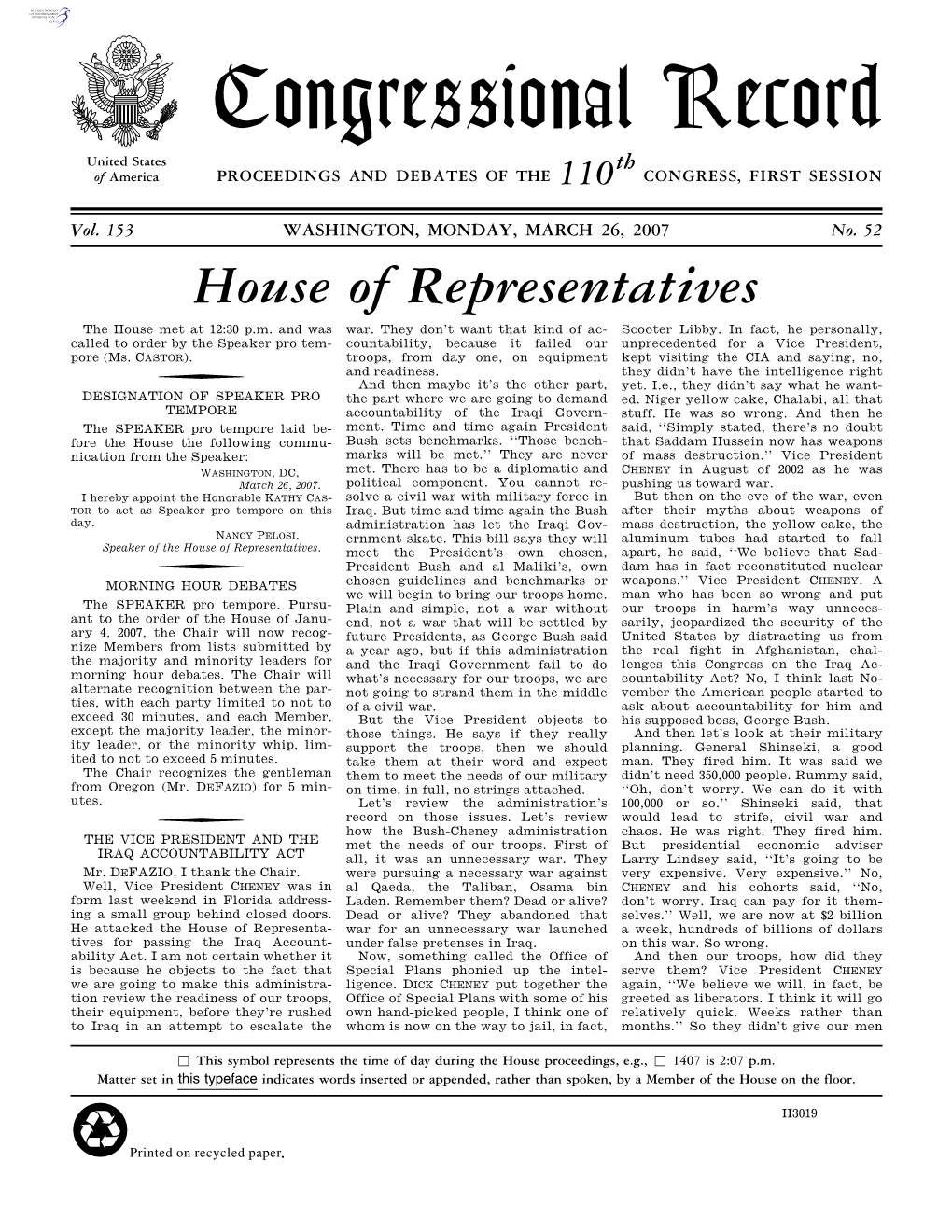 Congressional Record United States Th of America PROCEEDINGS and DEBATES of the 110 CONGRESS, FIRST SESSION