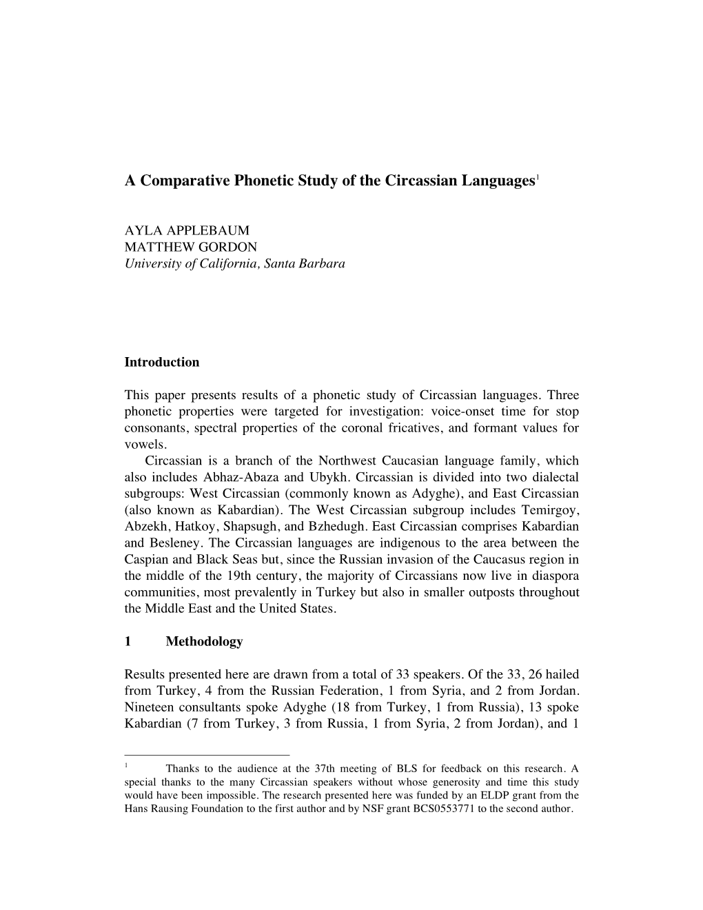 A Comparative Phonetic Study of the Circassian Languages1