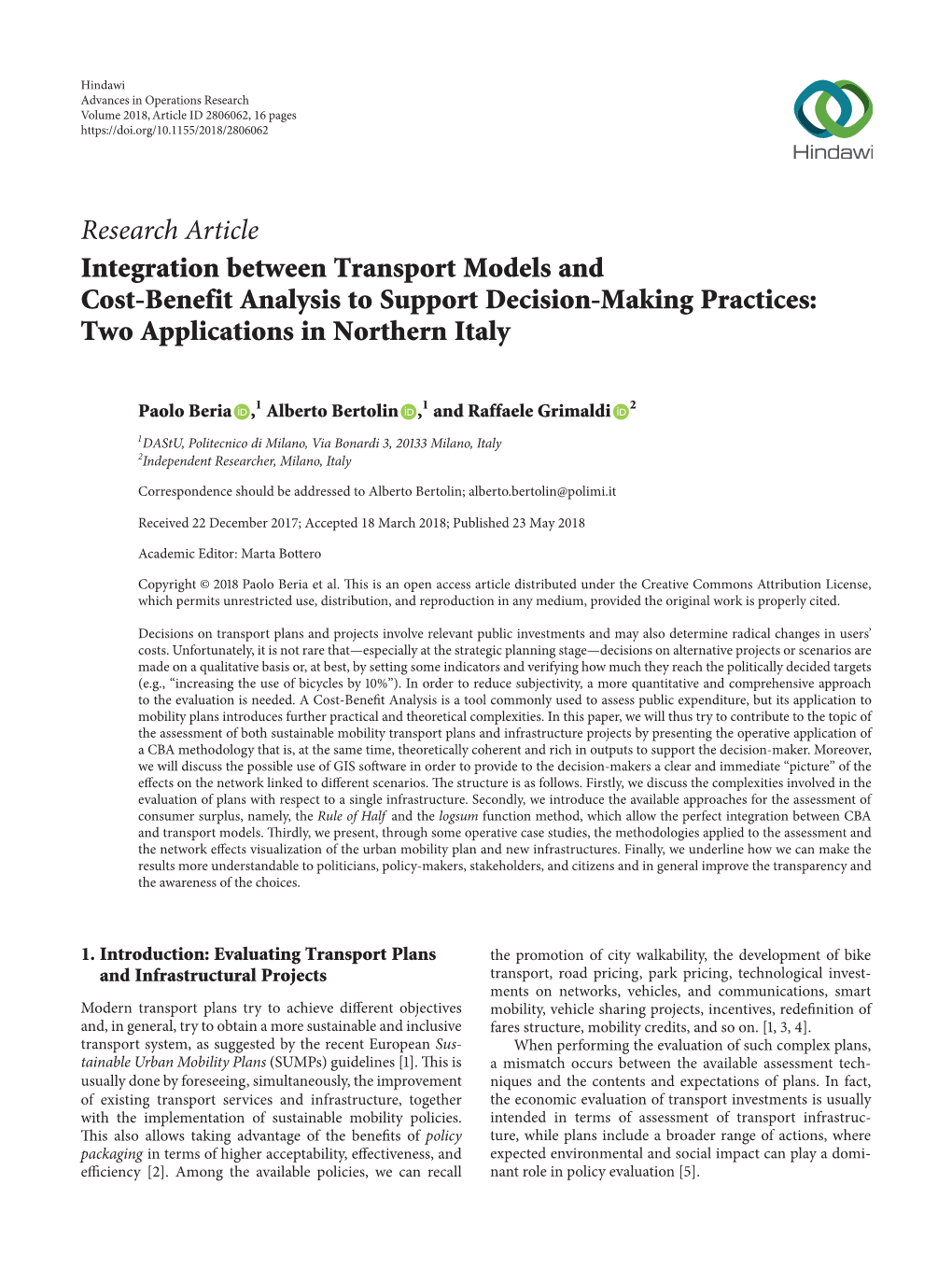 Research Article Integration Between Transport Models and Cost-Benefit Analysis to Support Decision-Making Practices: Two Applications in Northern Italy