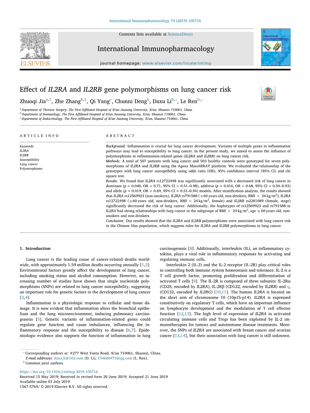 Effect of IL2RA and IL2RB Gene Polymorphisms on Lung Cancer Risk